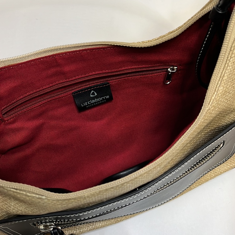 Liz Claiborne Beige Straw Weave Handbag Neutral Black Trim - Picture 4 of 15
